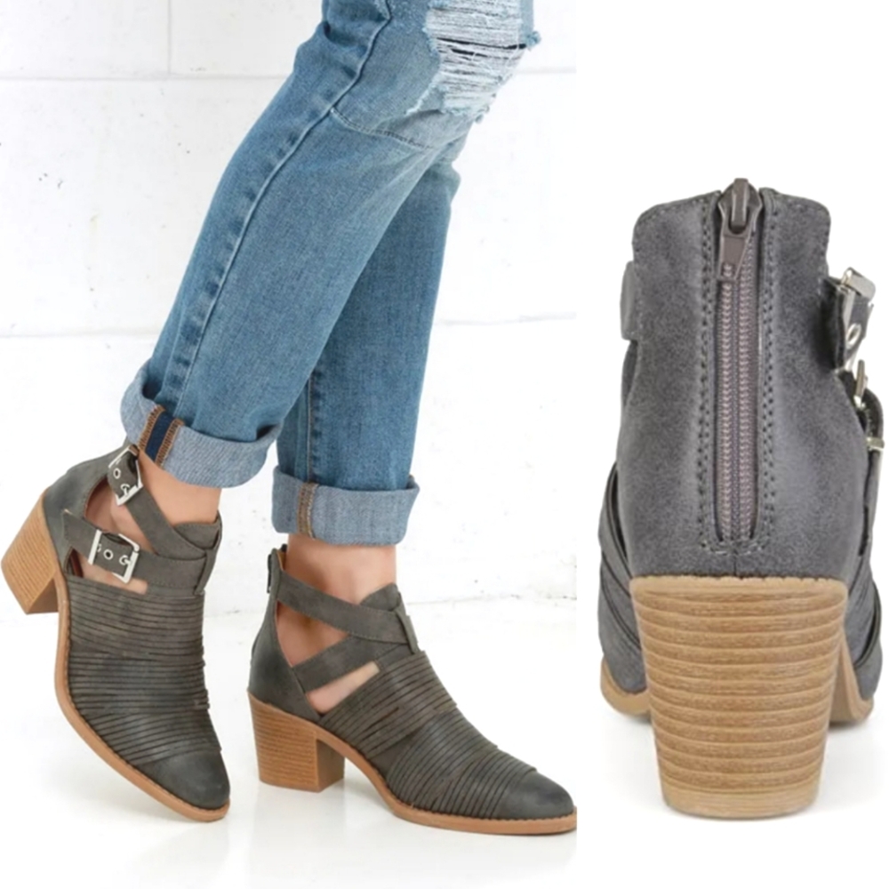 Qupid Womens Faux Leather Stacked Heel Cut Out Buckle Booties Boots Gray Boho 8